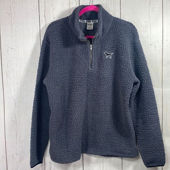 Pink Victorias Secret Gray Quarter Zip Pullover Jacket Sherpa - Picture 1 of 14
